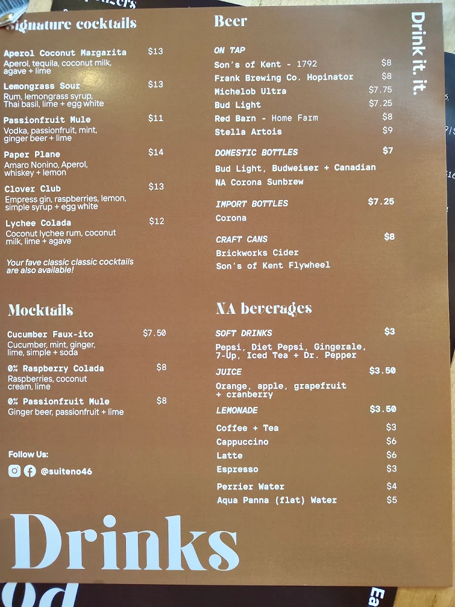 Menu, Suite 46 Restaurant