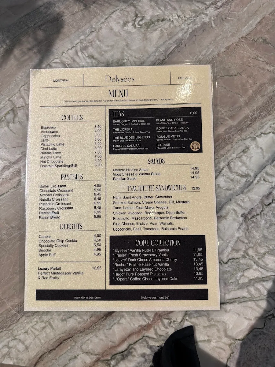 Menu, Delysées Desserts de Luxe Ltd.