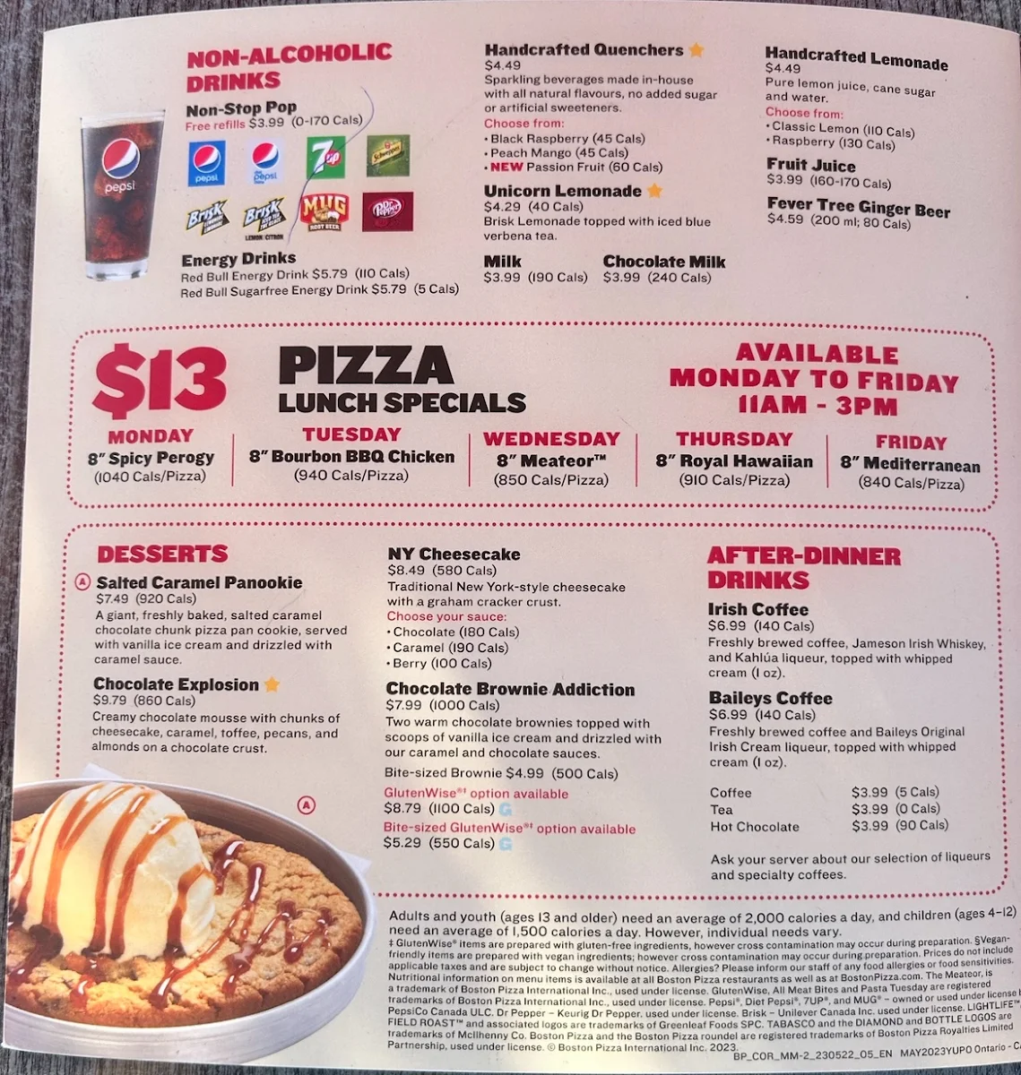 Menu, Boston Pizza