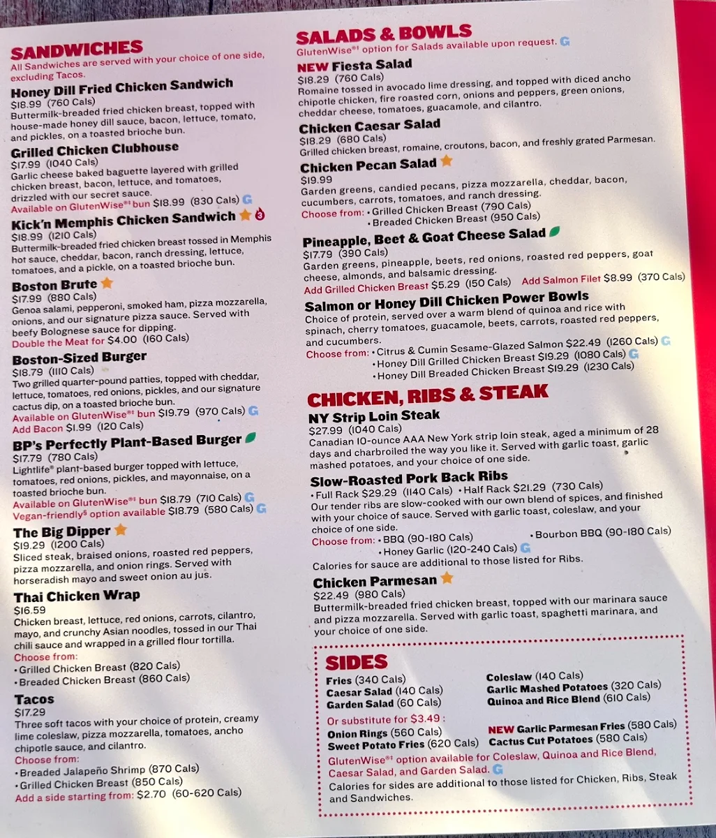 Menu, Boston Pizza