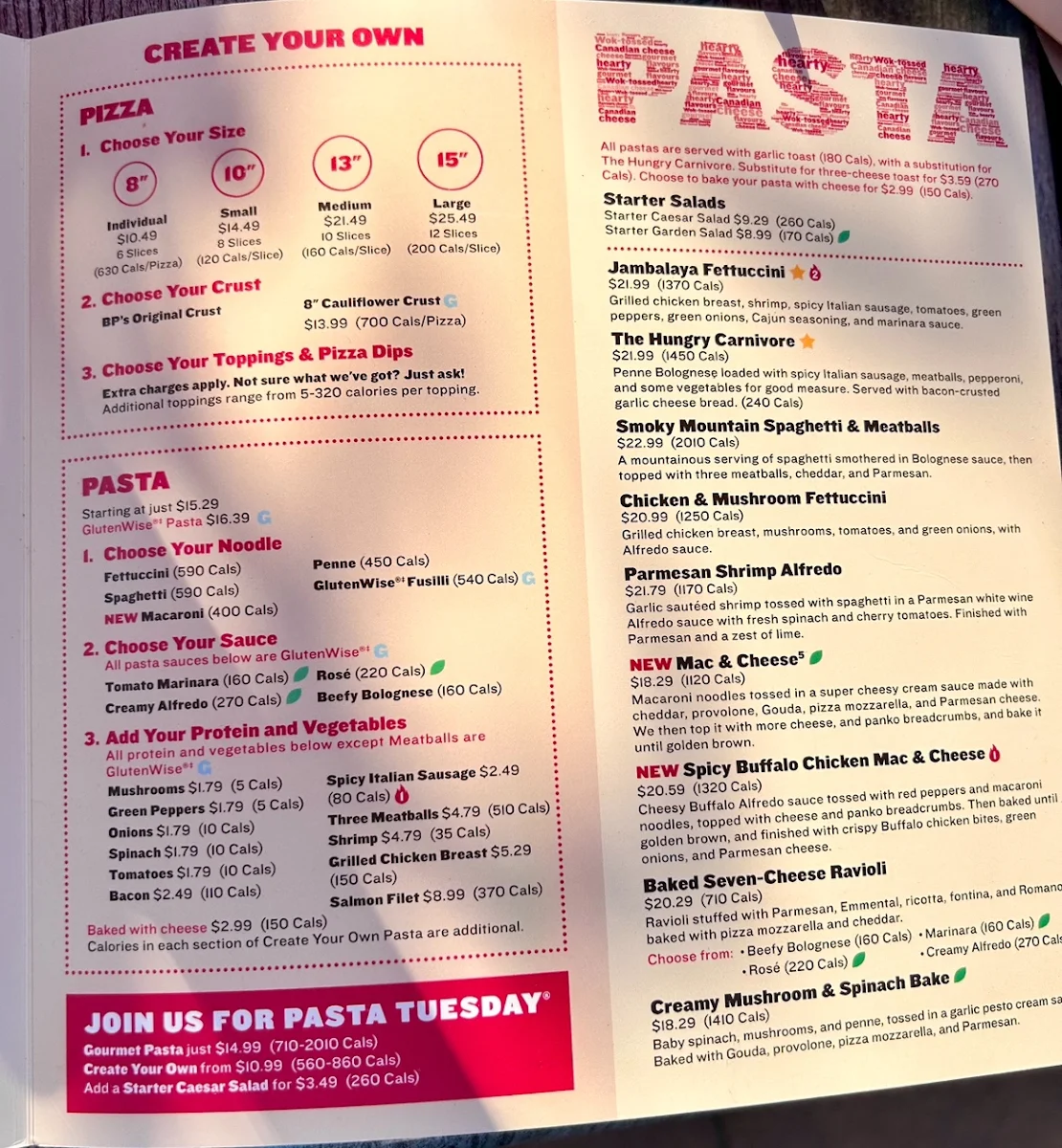 Menu, Boston Pizza