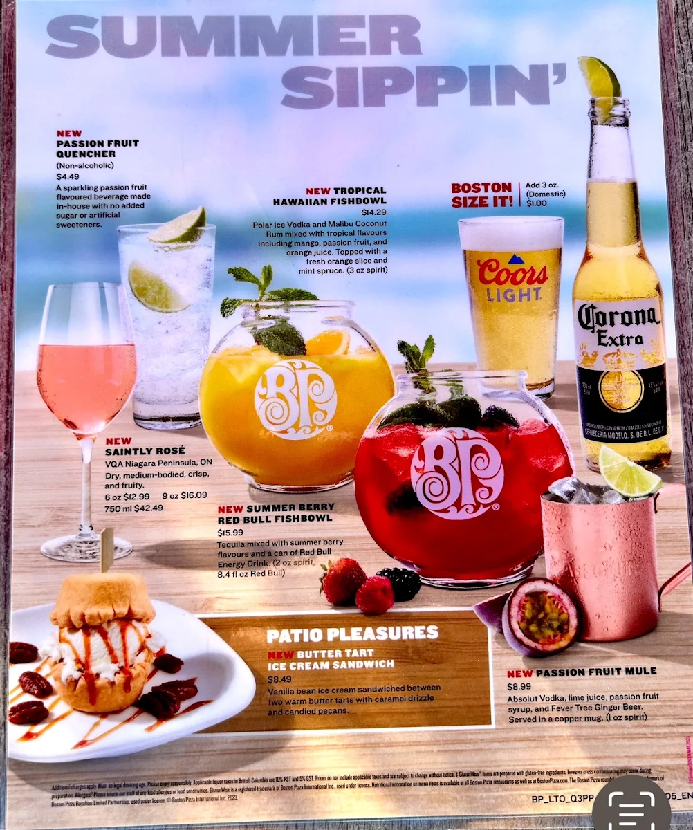 Menu, Boston Pizza