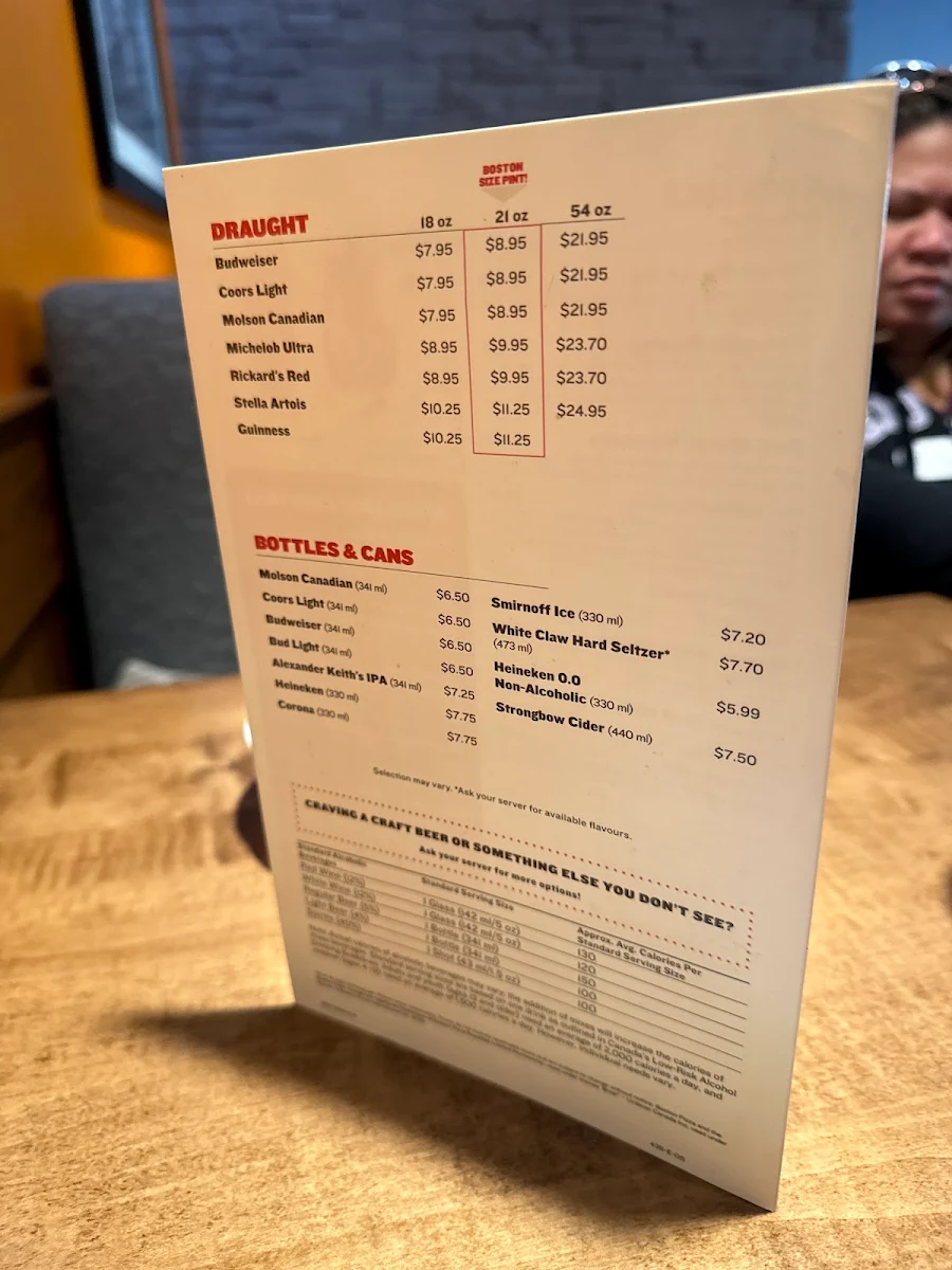 Menu, Boston Pizza