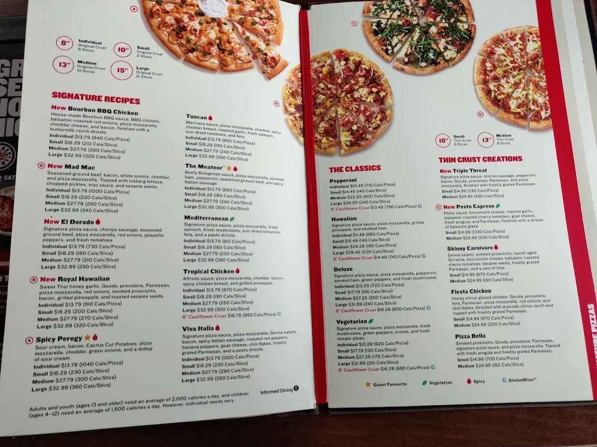 Menu, Boston Pizza