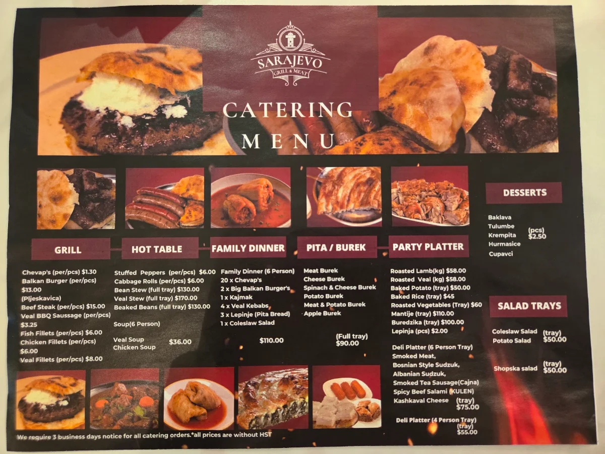 Menu, Sarajevo Grill & Meat
