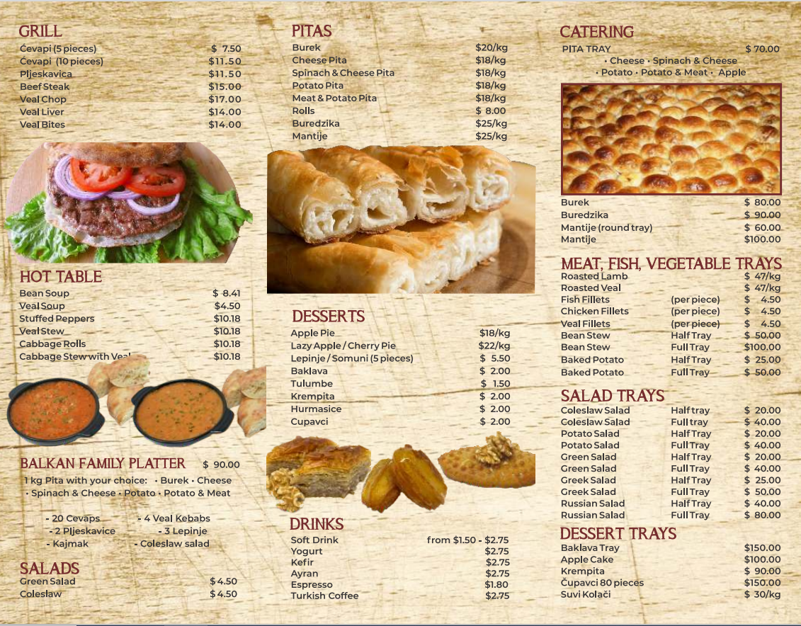 Menu, Sarajevo Grill & Meat