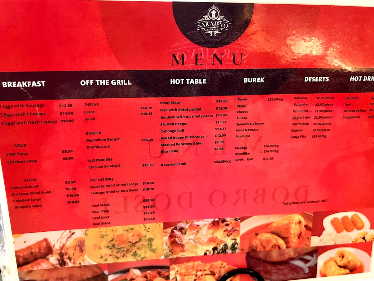 Menu, Sarajevo Grill & Meat