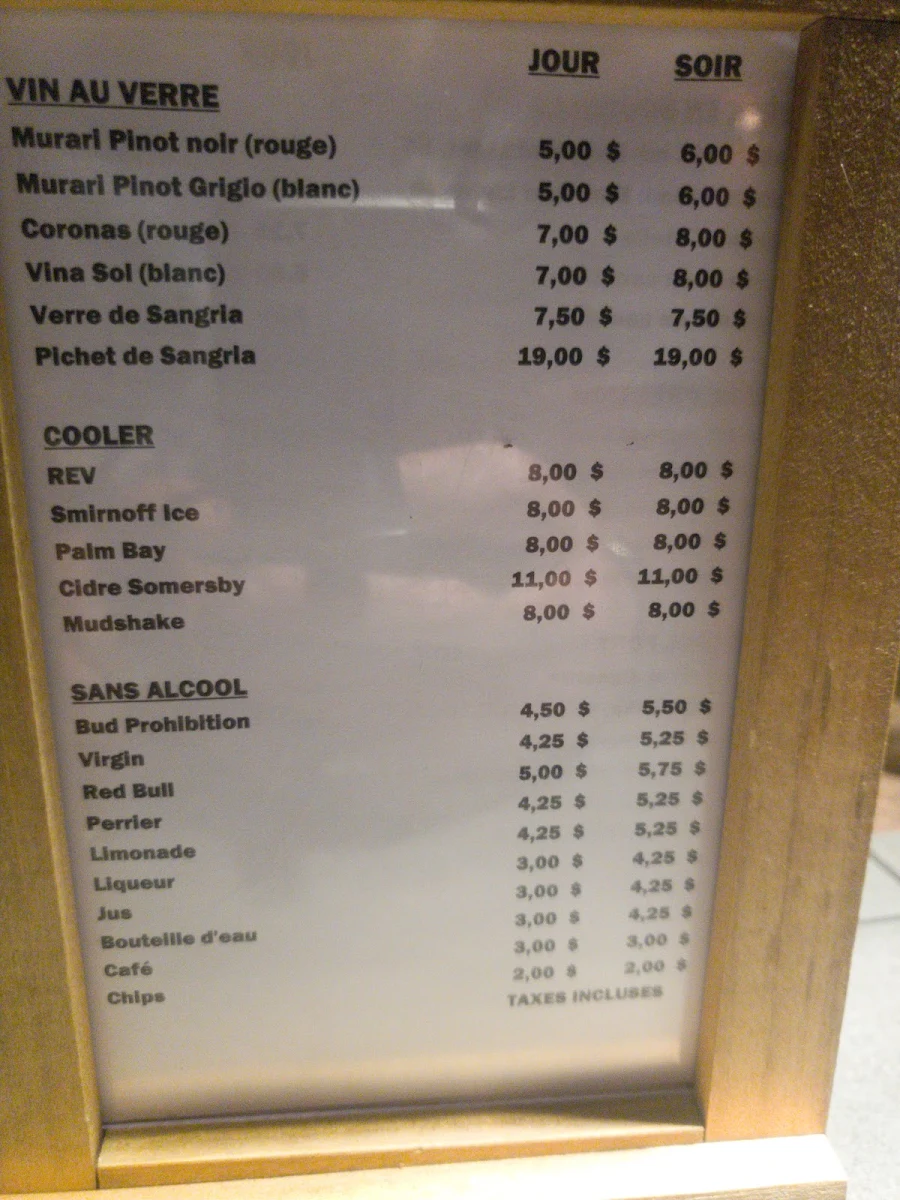 Menu, Bar-Spectacle le Quartier de Lune 2.0