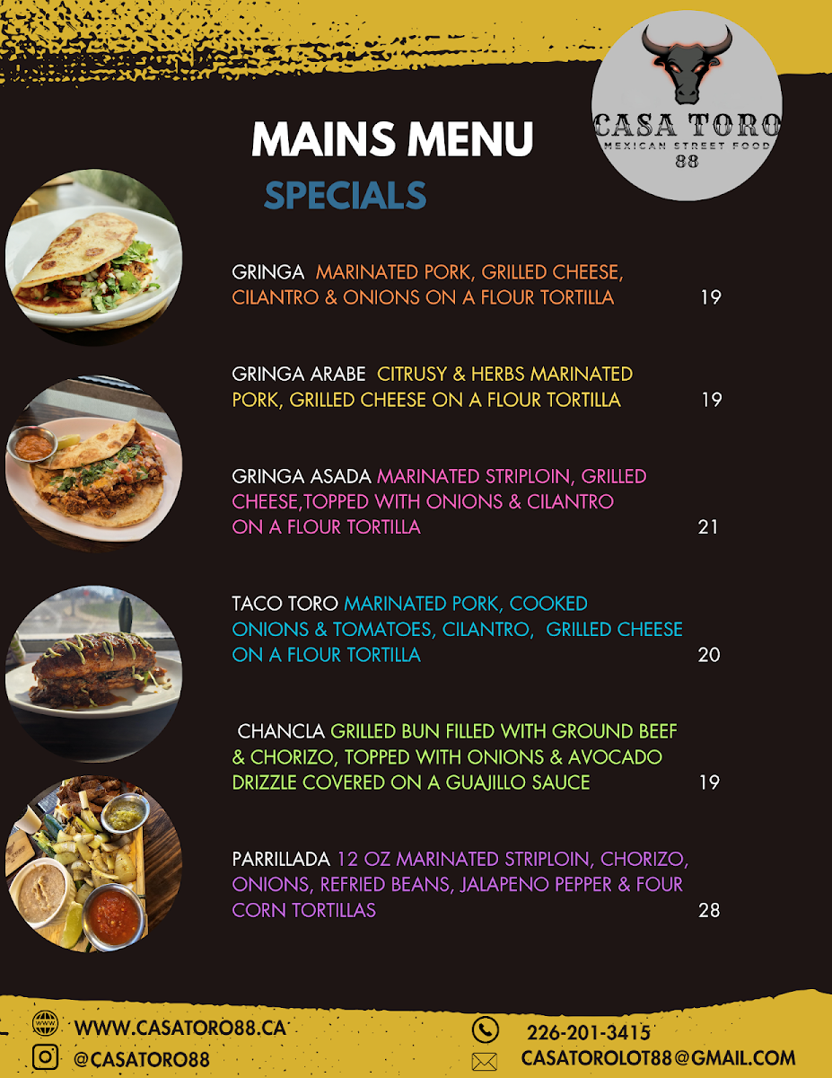 Menu, Casa Toro 88