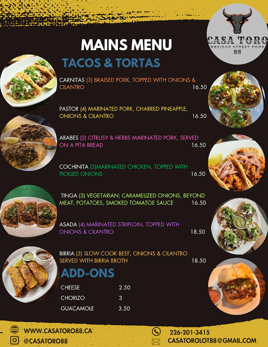 Menu, Casa Toro 88