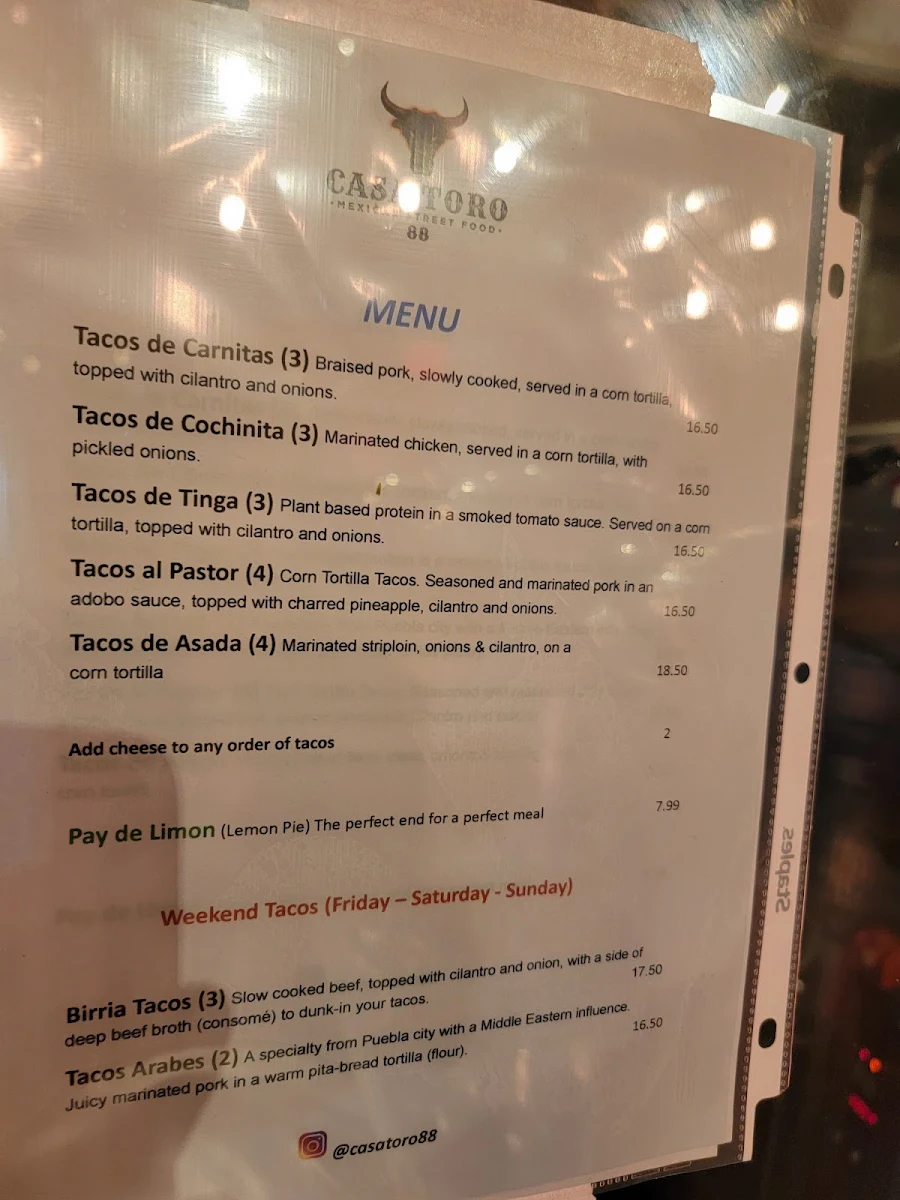 Menu, Casa Toro 88