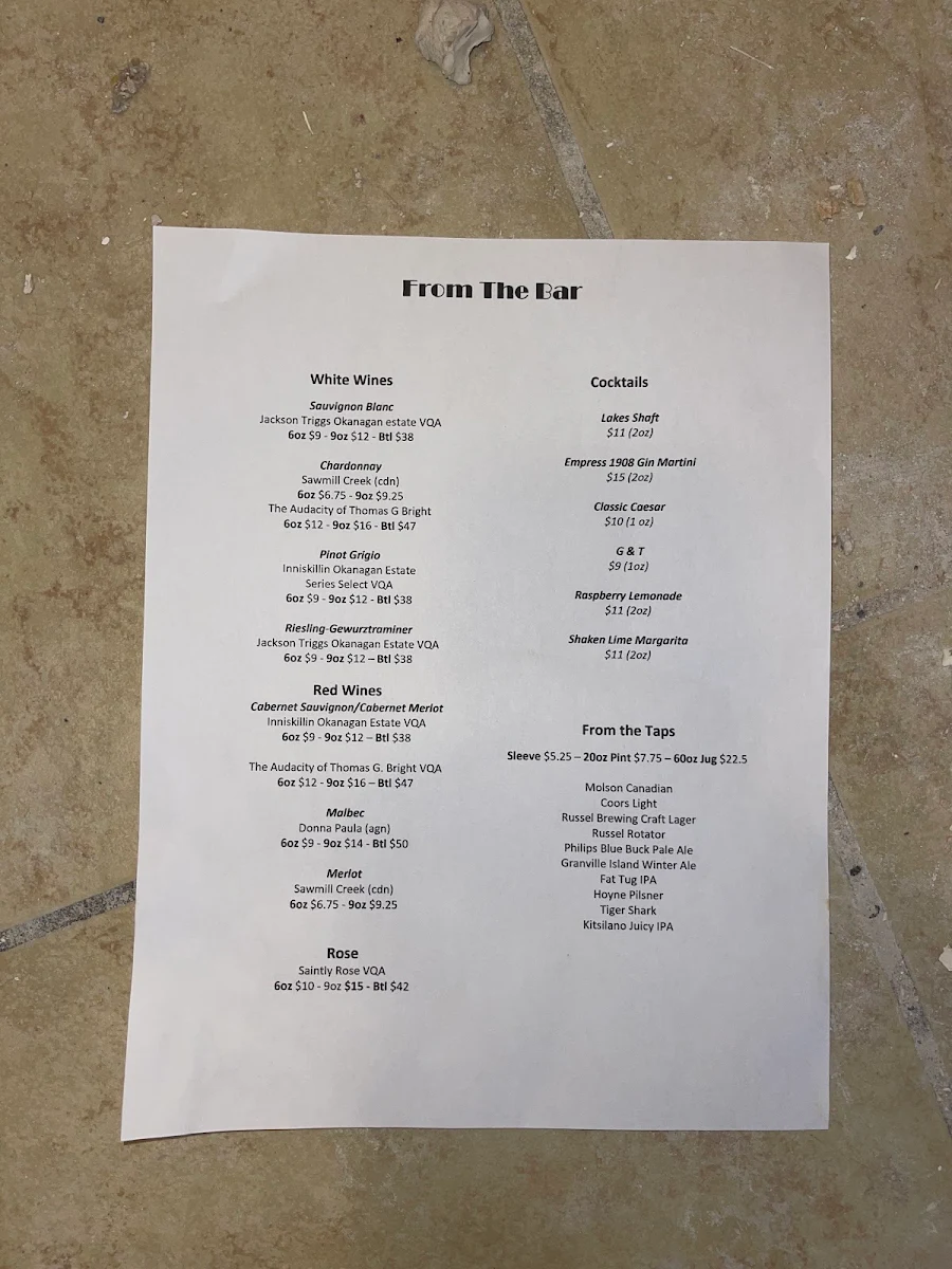 Menu, Lakes Restaurant