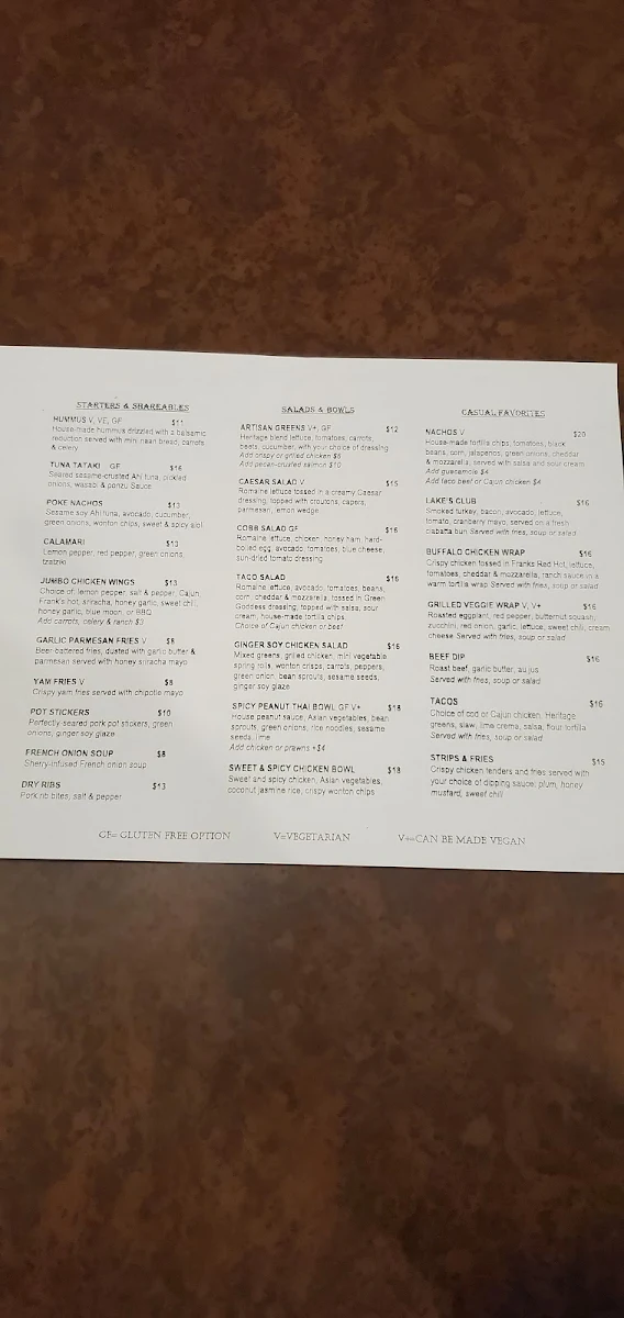 Menu, Lakes Restaurant