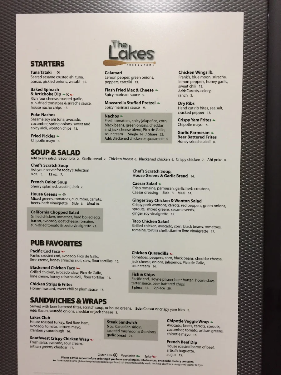 Menu, Lakes Restaurant