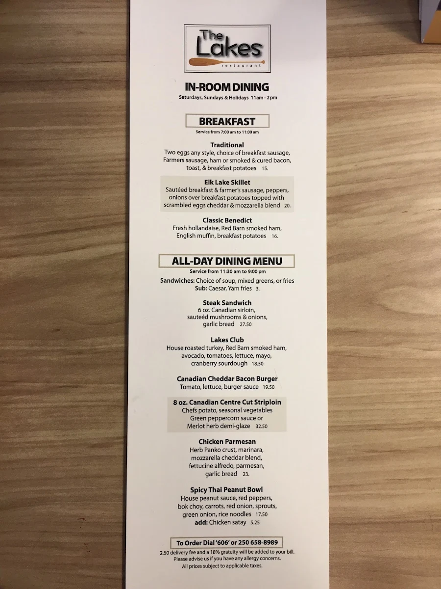 Menu, Lakes Restaurant