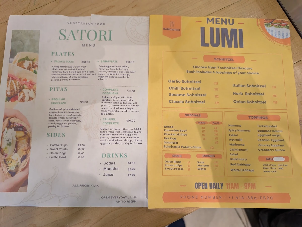 Menu, Satori Sandwich Bar