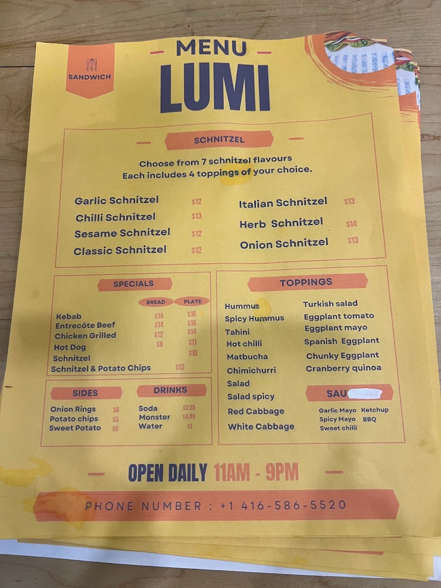 Menu, Satori Sandwich Bar