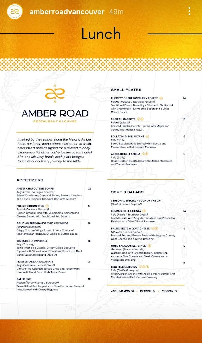 Menu, Amber Road Restaurant