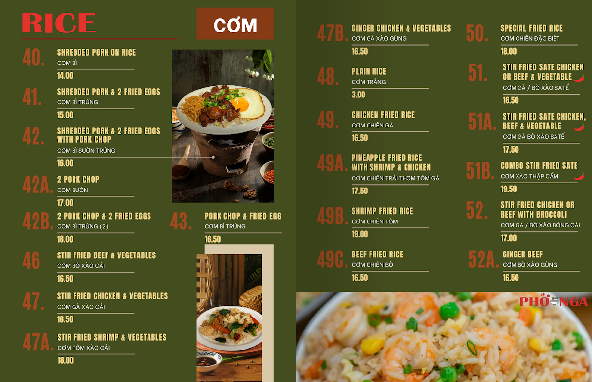 Menu, Pho Nga