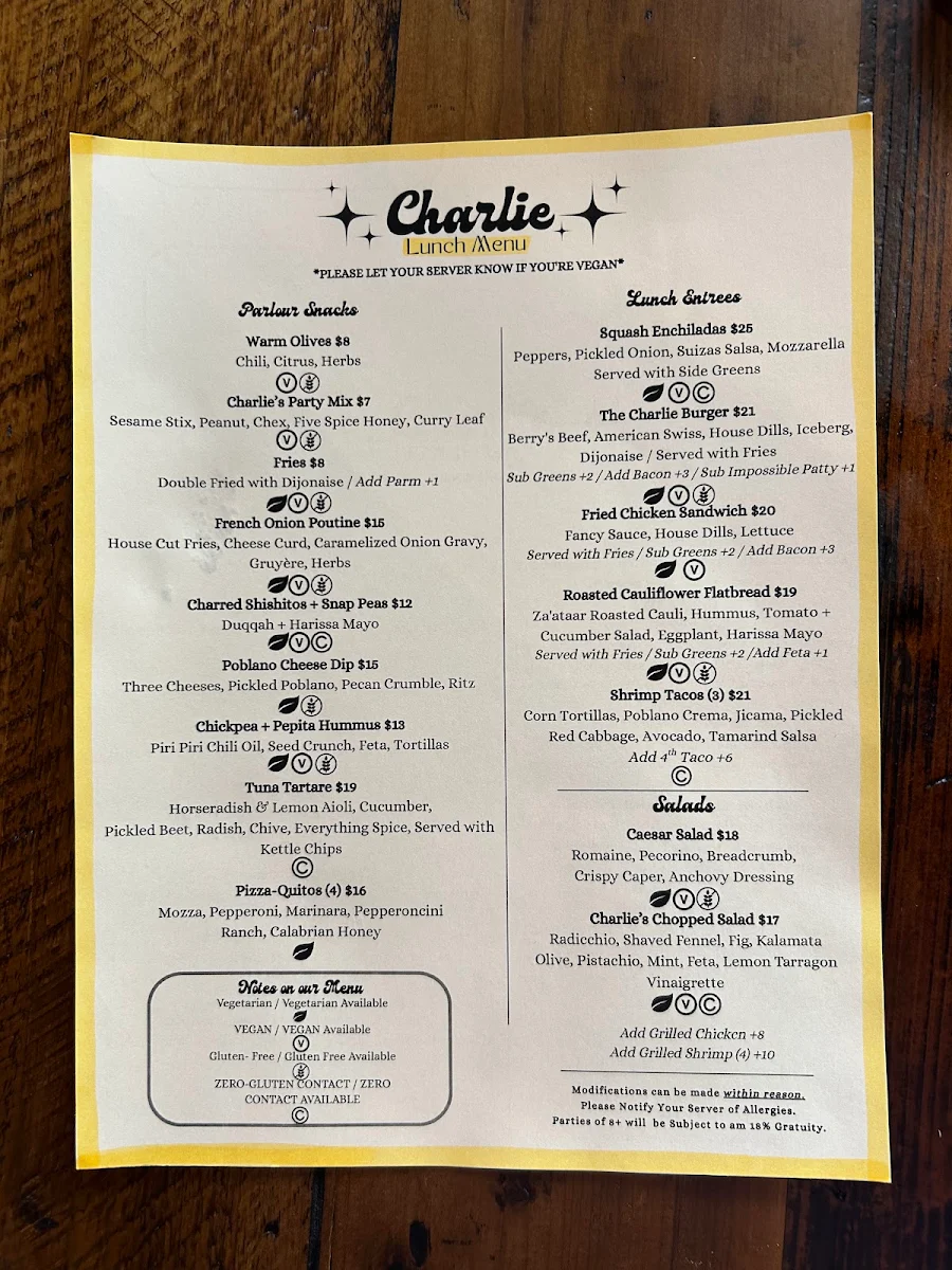 Menu, Charlie