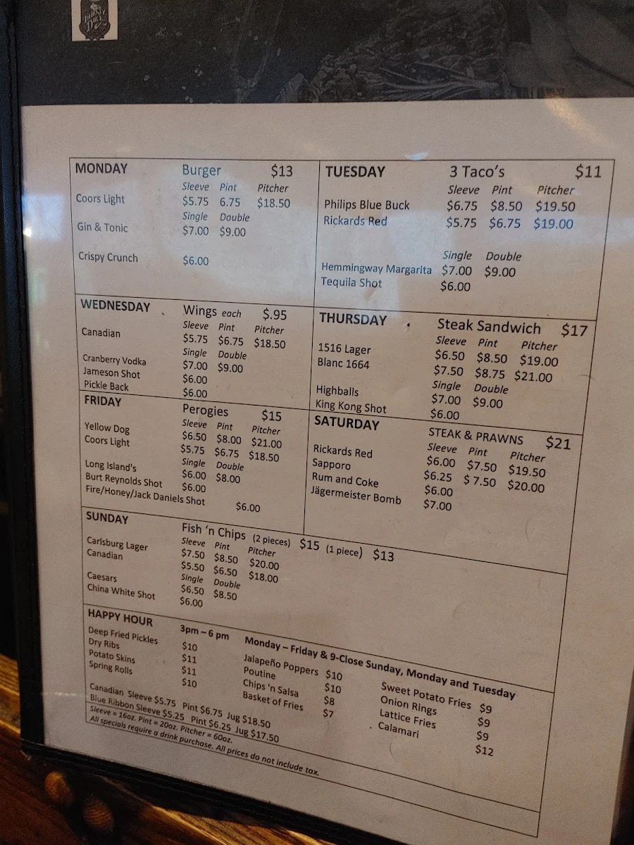 Menu, The Thirsty Duck Pub
