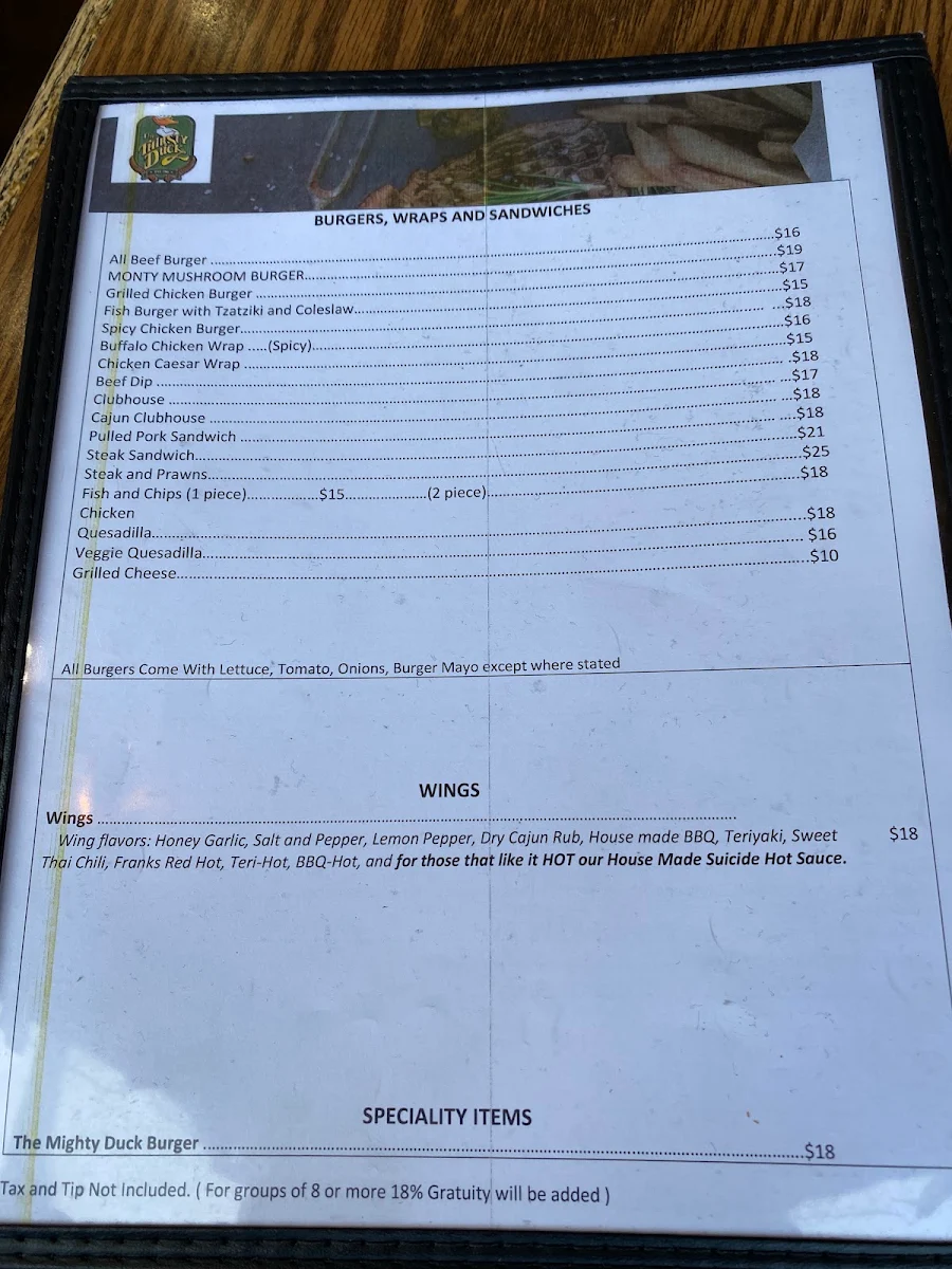 Menu, The Thirsty Duck Pub