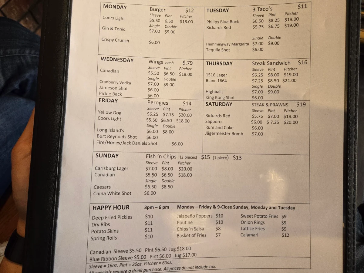 Menu, The Thirsty Duck Pub