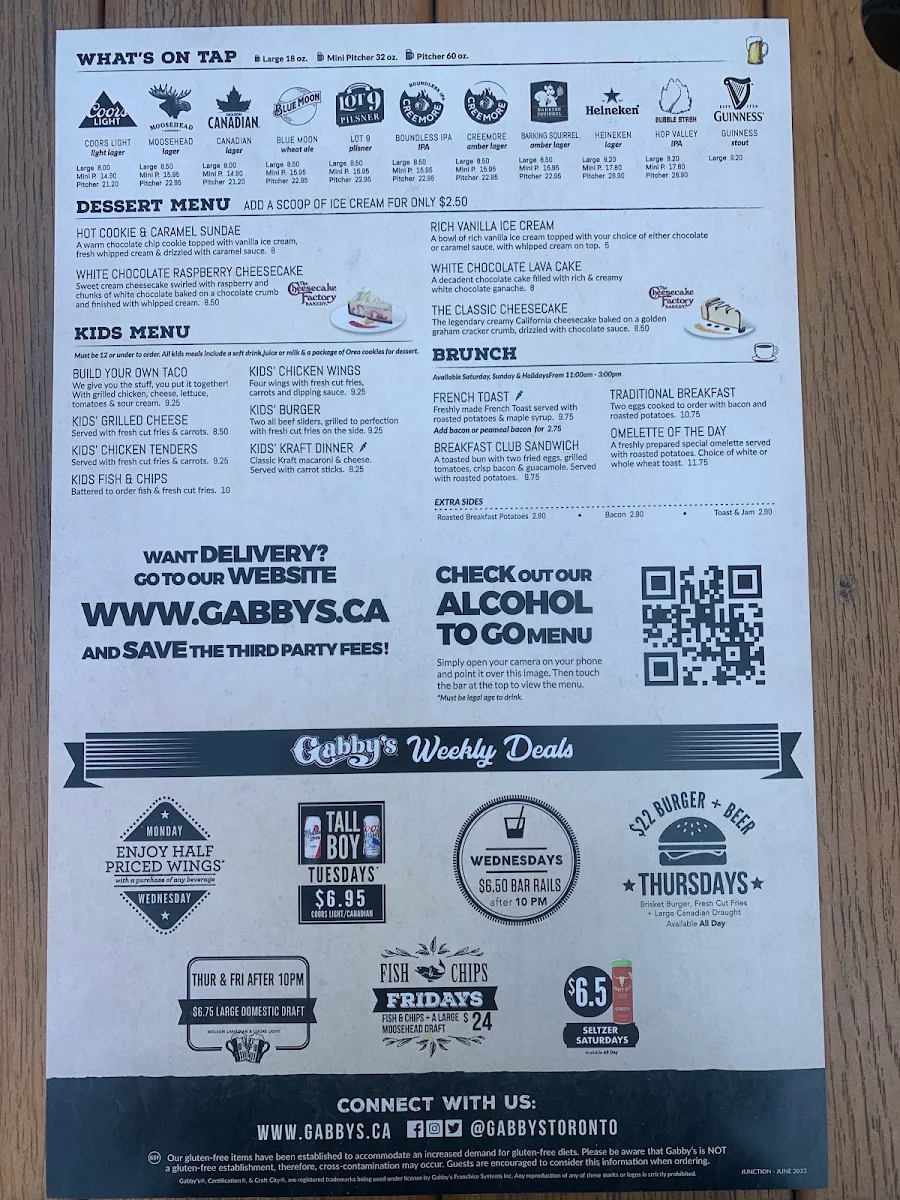 Menu, Gabby's - Dundas Street West