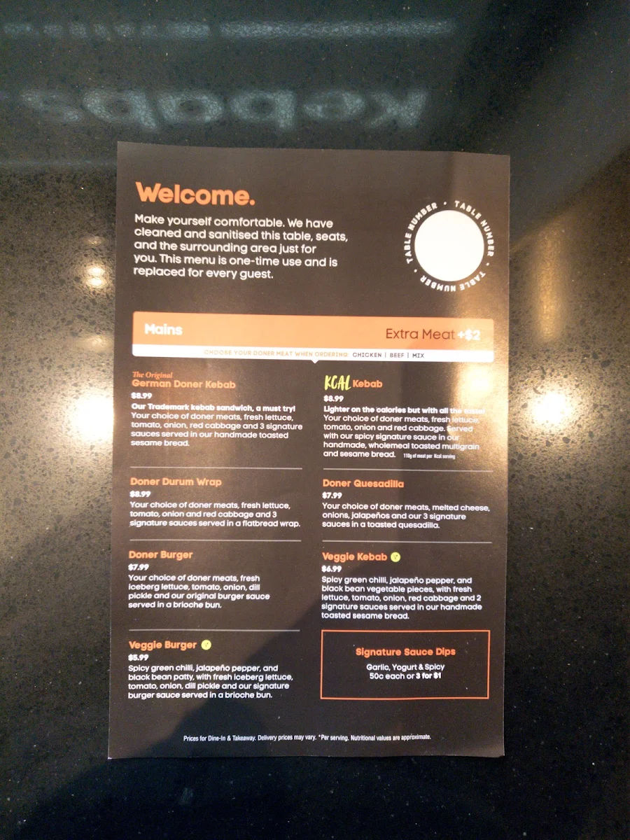 Menu, German Doner Kebab