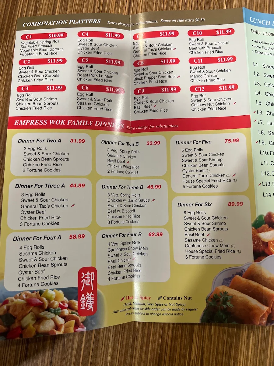 Menu, Empress Wok Chinese restaurant