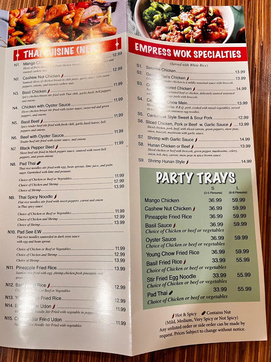Menu, Empress Wok Chinese restaurant