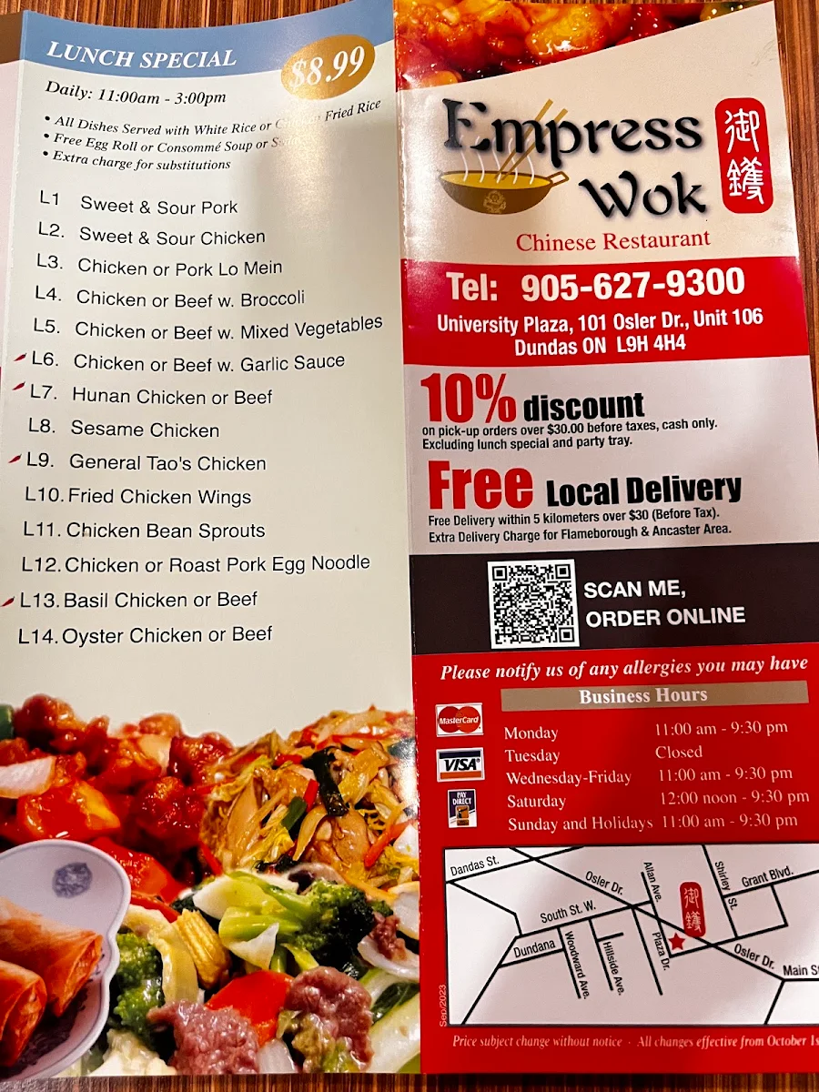 Menu, Empress Wok Chinese restaurant