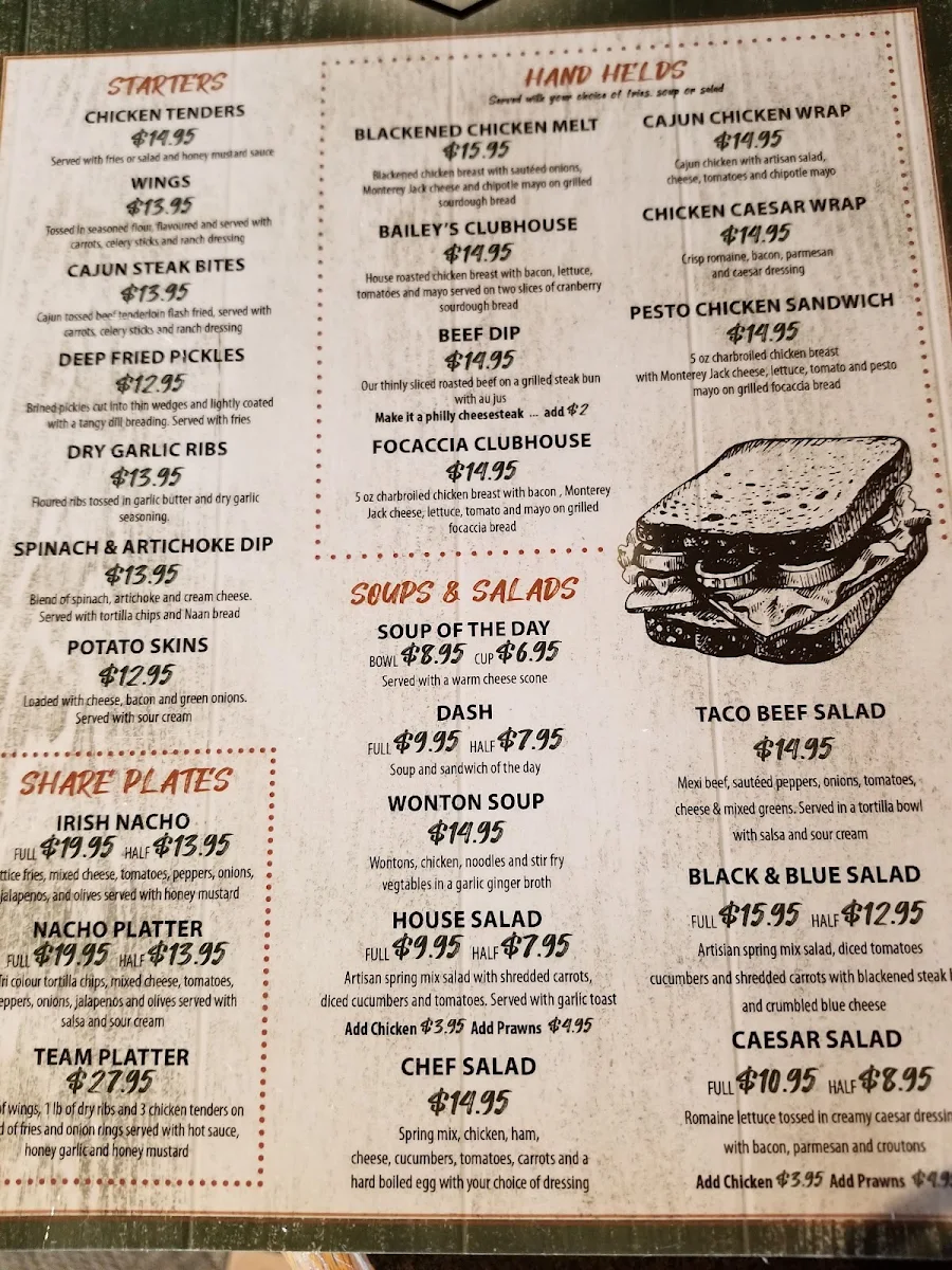 Menu, Bailey's Pub