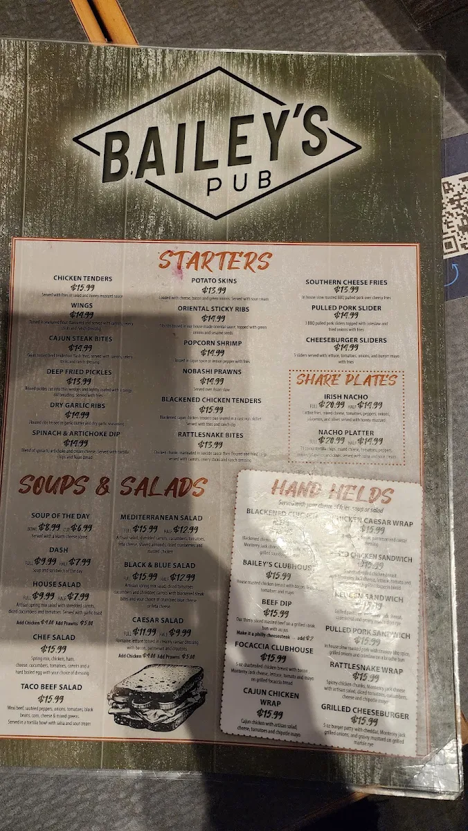 Menu, Bailey's Pub