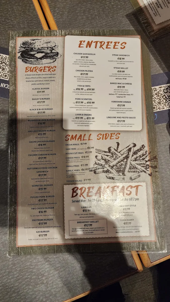 Menu, Bailey's Pub