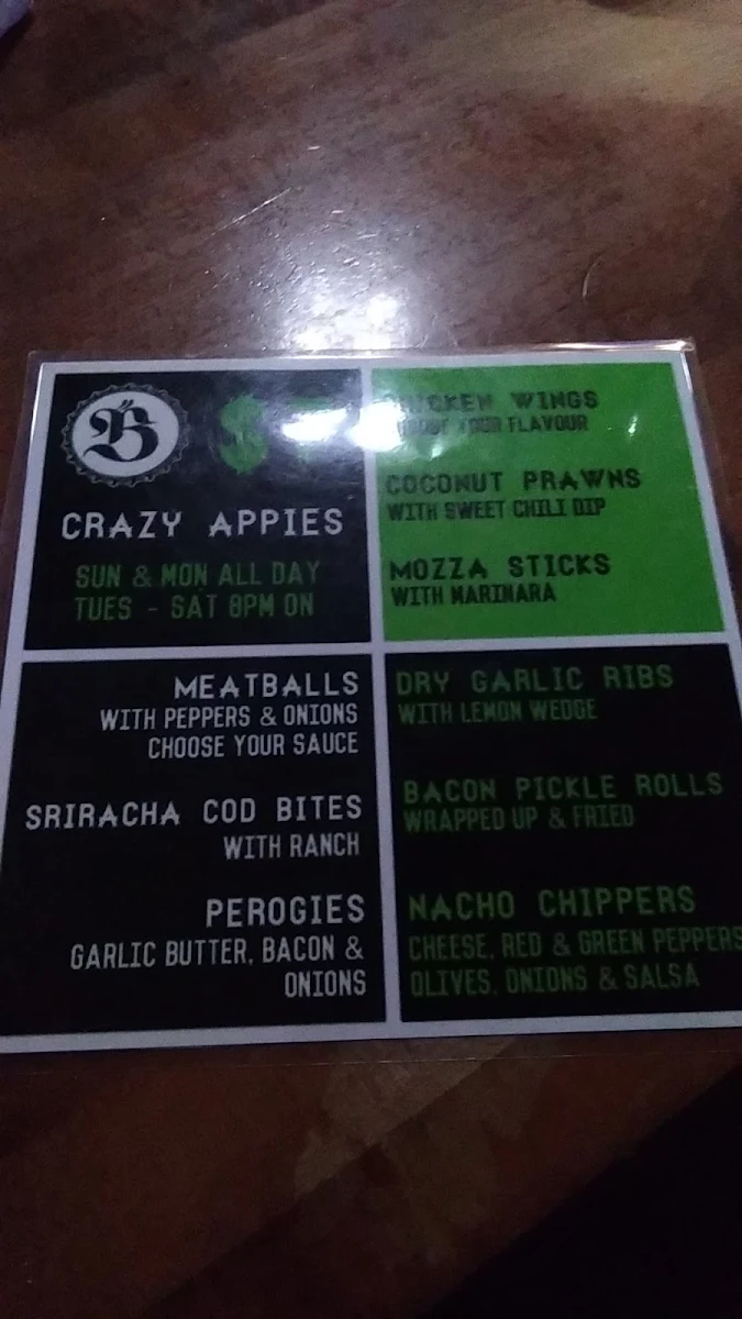 Menu, Bailey's Pub