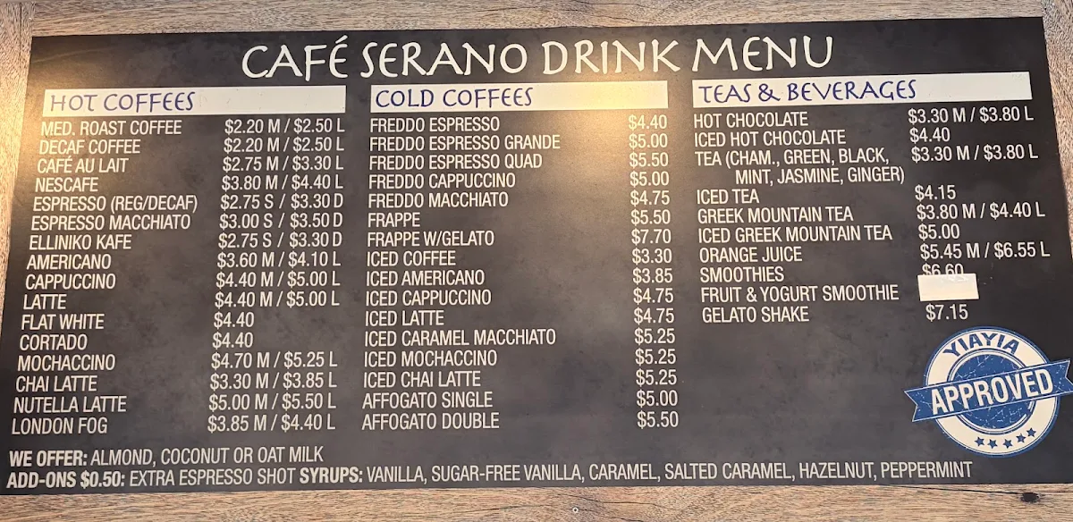 Menu, Cafe Serano