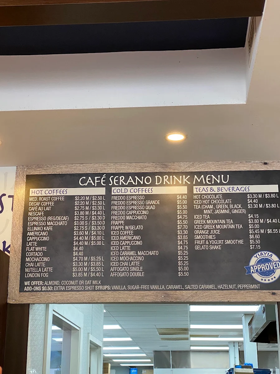 Menu, Cafe Serano