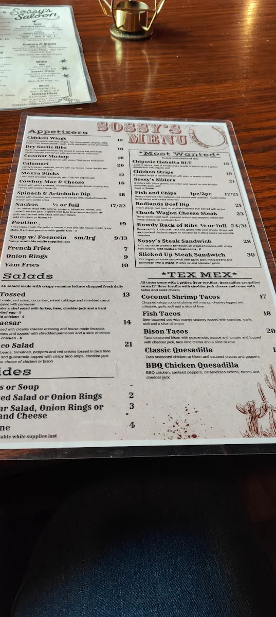 Menu, Sossy's Saloon