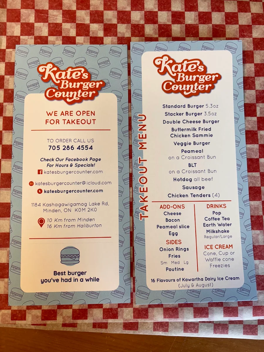 Menu, Kate’s Burger Counter