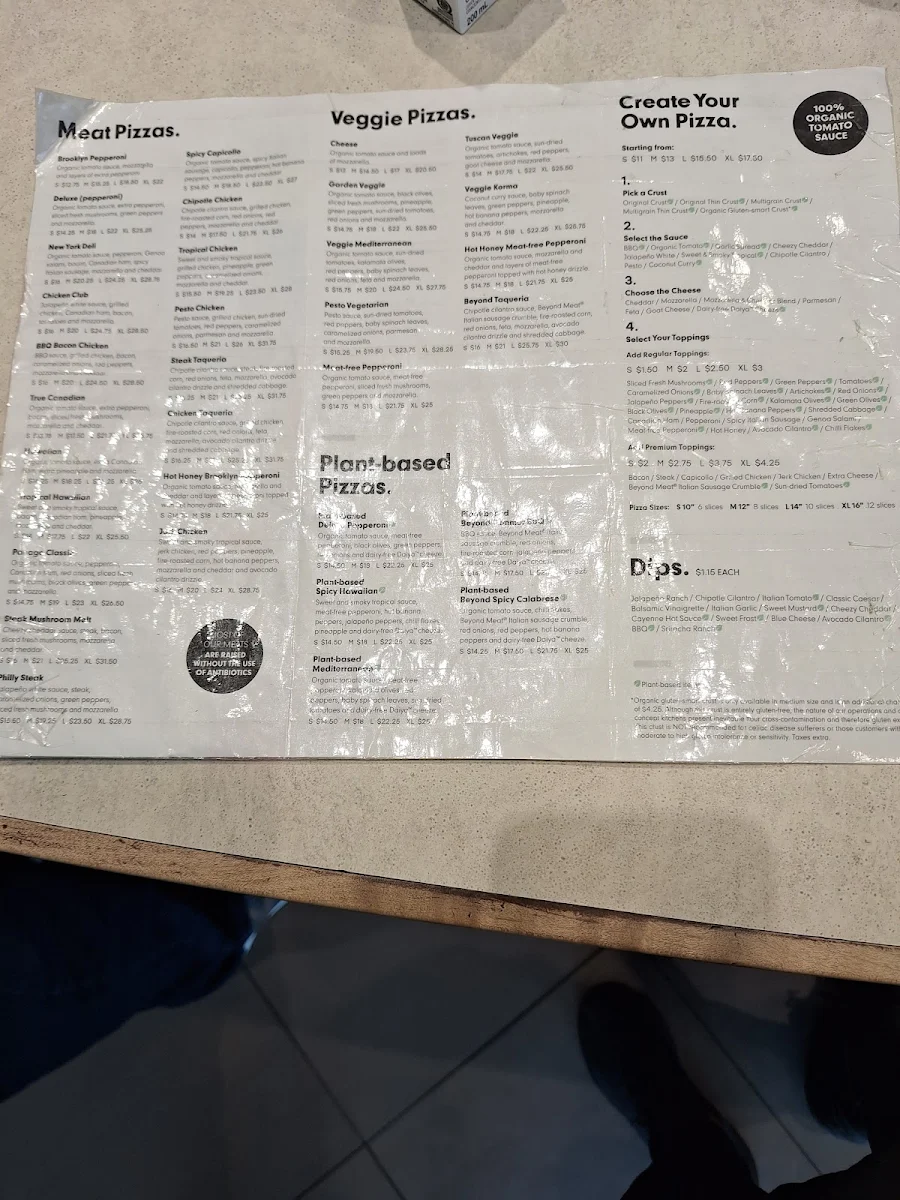 Menu, Panago Pizza