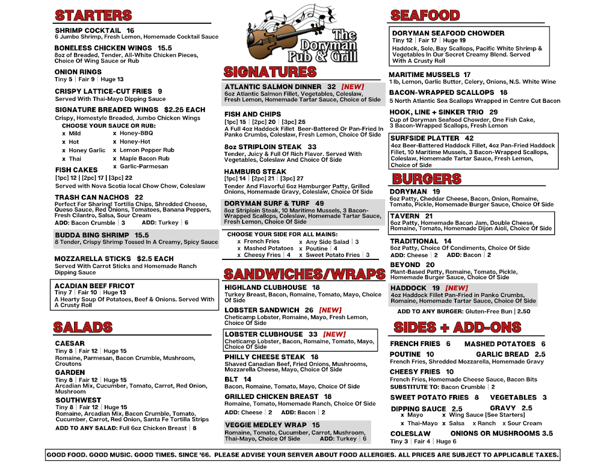 Menu, The Doryman Pub and Grill