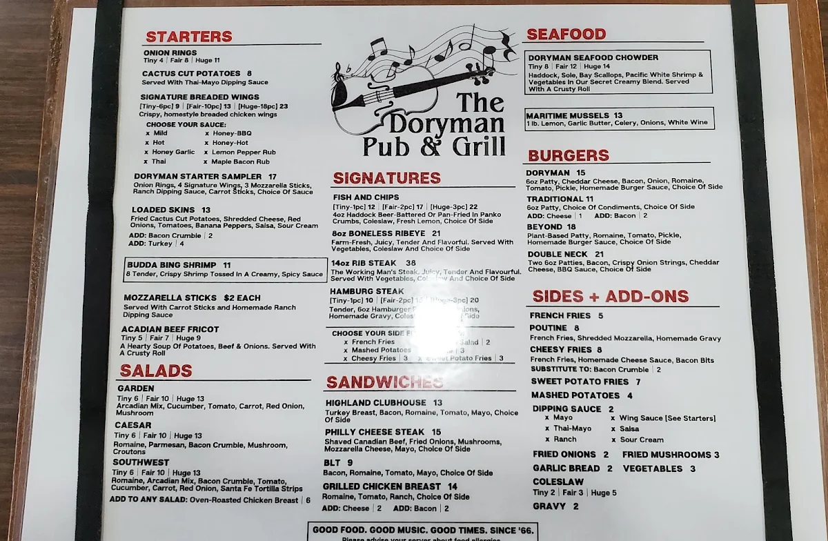 Menu, The Doryman Pub and Grill