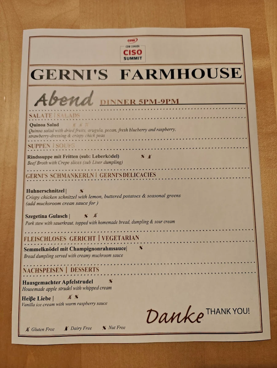 Menu, Gerni’s Farmhouse - Adult Only 16+