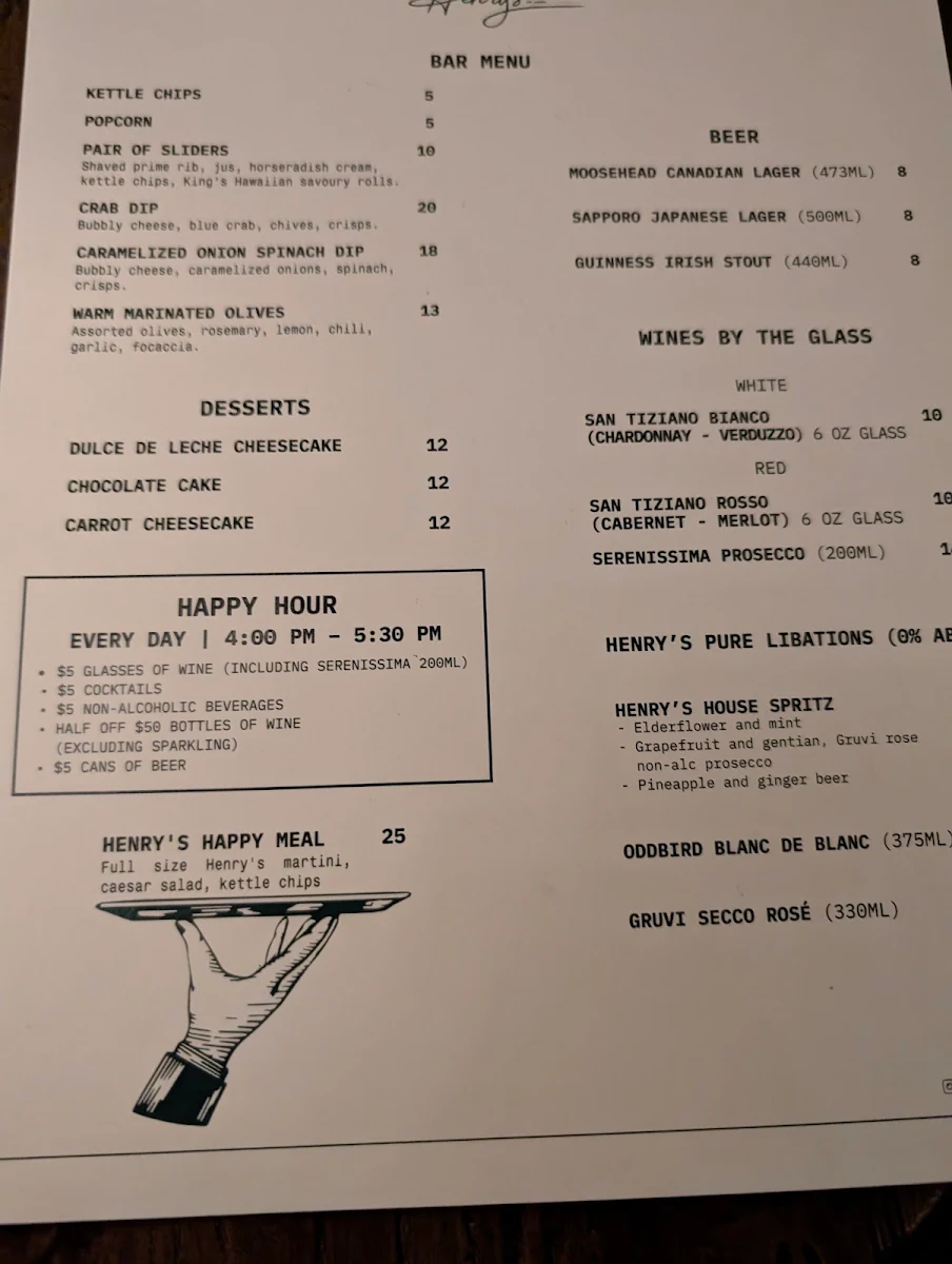 Menu, Henry's on James