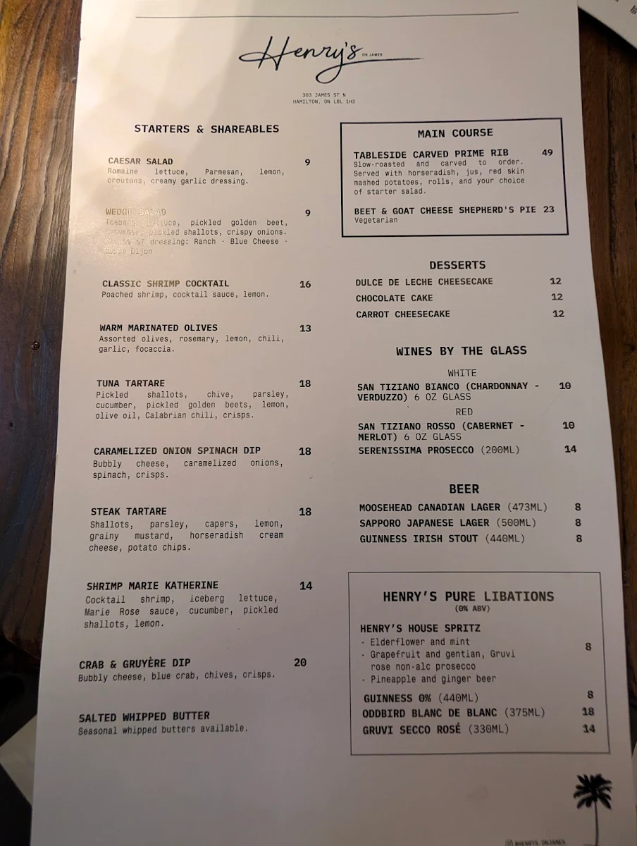 Menu, Henry's on James