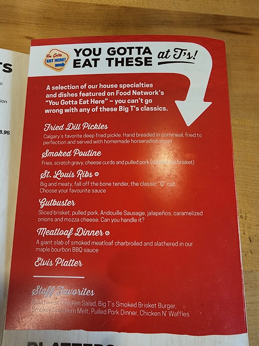 Menu, Big T's BBQ & Smokehouse