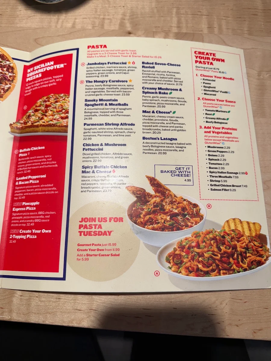 Menu, Boston Pizza