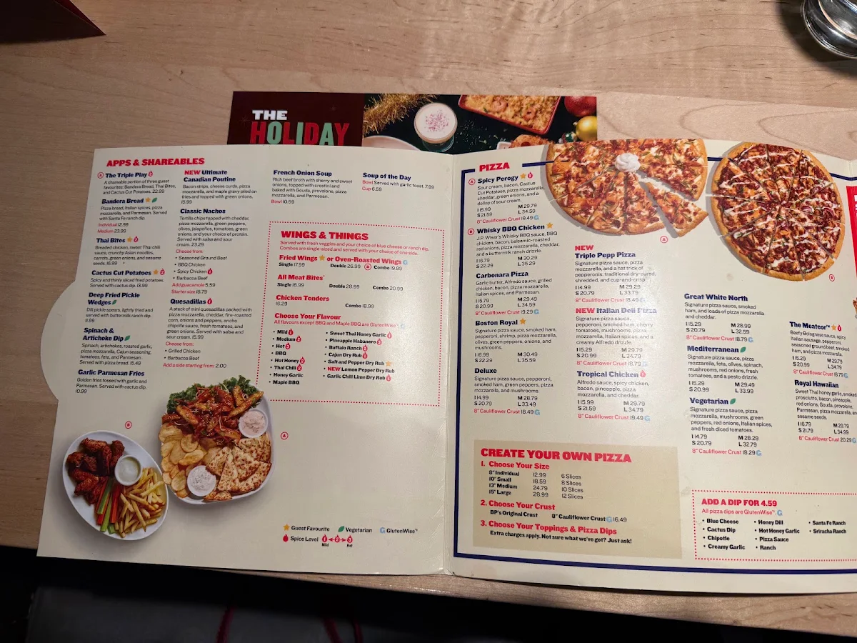 Menu, Boston Pizza