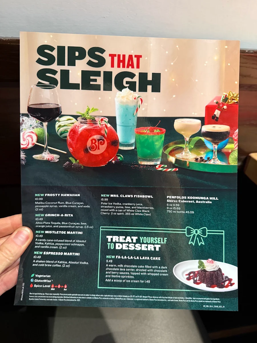 Menu, Boston Pizza
